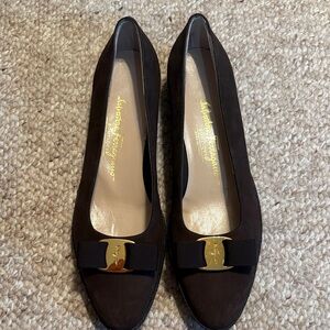 Salvatore Ferragamo Dark Brown Suede Vara Bow Flats with Gold Hardware